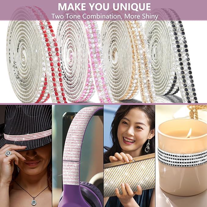 4 Rolls Rhinestone Tape Self Adhesive Crystal Ribbon Diamond Bling Strips with 2 mm Glitter Sticker for Arts Crafts Wedding Birthday Party DIY Event Car Phone Decoration (Silver+Pink)