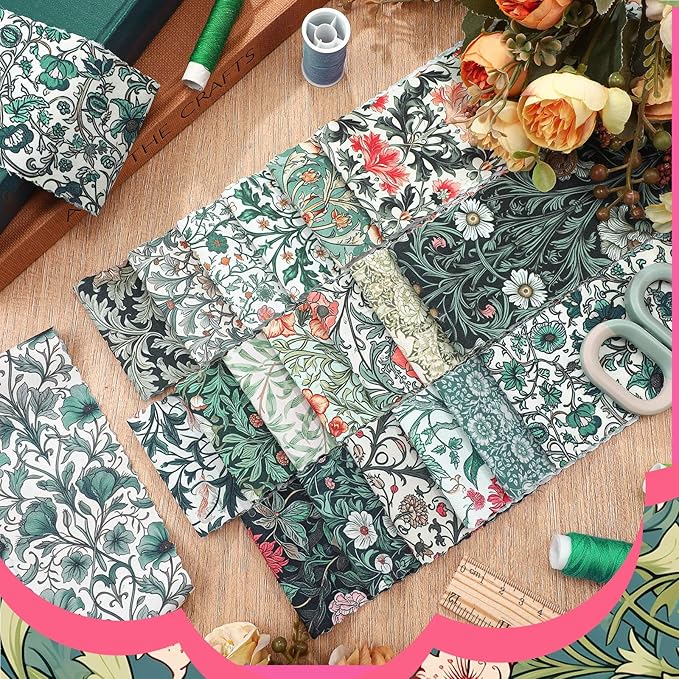 Ganeen 100 Pcs Vintage William Morris Flowers Quilting Fabric Roll 2. 56 Inch Fabric Squares Jelly Patchwork Precut Strips Bundles for Holiday Materials Craft DIY Sewing Cloths