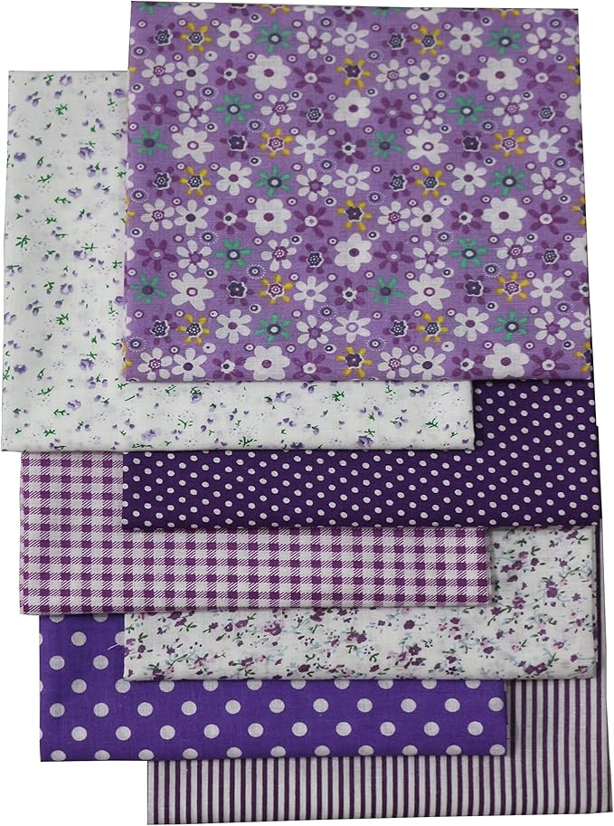7PCS Purple Series Floral Cotton Fabric Quilting Patchwork Fat Quarter Bundles for Scrapbooking, Sewing, DIY Crafts, Handmade Bags, Pillows - 19.7x19.7 Inches