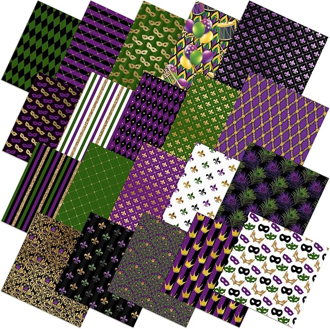 20 Pcs 10''x10'' Mardi Gras Quilting Fabric Square Bundle Lily Flowers Masquerade Precuts Quiltted Fabric Purple Green Gold Printed Patchwork Supplies for DIY Material Sewing Crafts