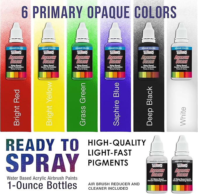 U.S. Art Supply 6 Color Starter Acrylic Airbrush, Leather & Shoe Paint Set Primary Opaque Colors plus Reducer & Cleaner, 1 oz. Bottles