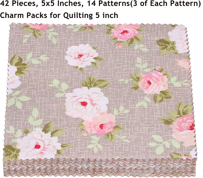 Hanjunzhao 42 5-inch Fabric Squares - Charm Packs for Quilting 5 inch - 5" Charm Quilt Squares - 5x5 Fabric Squares for Quilting, Sewing, Patchwork, and DIY Crafts, Light Coffee