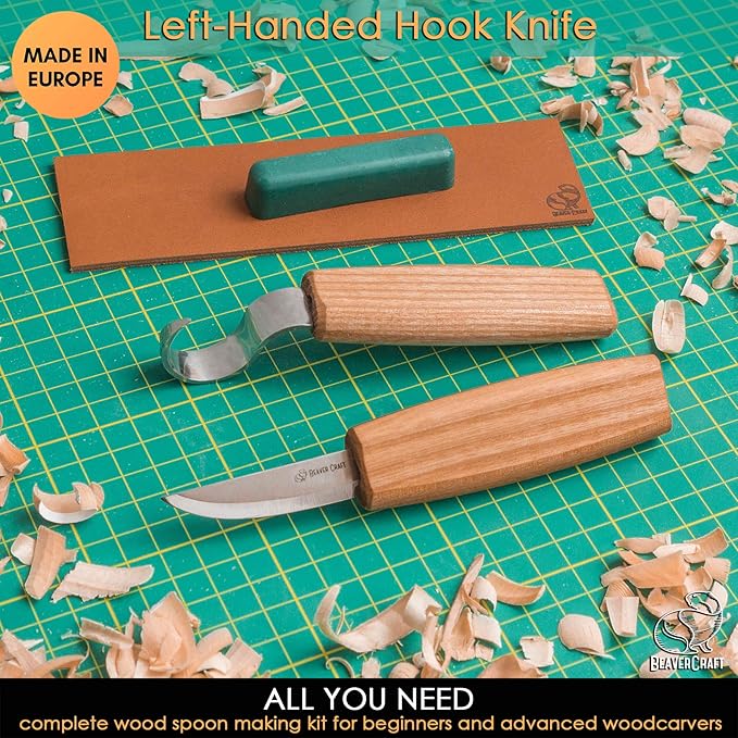 BeaverCraft S01L Wood Spoon Carving Knives Set Spoon Making Tools Kit Whittling Knife Hook Knife Left-Handed Bowl Cup Kuksa for Beginners Woodworking Professional Left Handed Wood Carving Kit