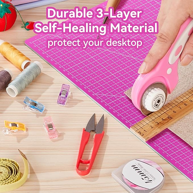 Self Healing Cutting Mat 12x9 inch A4 Size, Double-Sided Grid & Non-Slip Surface for Rotary Cutting, Sewing, Quilting, Craft with 12 Bonus Papers - Pink