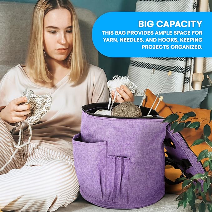 Bins & Things Knitting Bag – Large Crochet Yarn Storage Organizer with 2 External Pockets – Durable Natural Fabric Tote for Knitting Needles, Hooks, Accessories – Purple Craft Bag