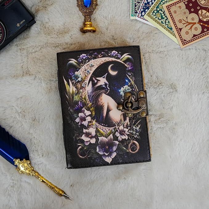 Blank Spell Book of Shadows Journal Little Witch Cat Printed Witchcraft Supplies Wiccan Notebook Handmade Vintage Deckle Paper Grimoire Journal Leather Sketchbook, Drawing Journal (7 X 5)