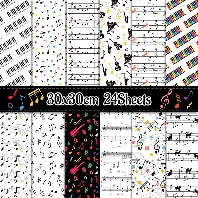 24 Sheets Musical Notes Scrapbook Paper Pad Double-Sided Black White Music Themed Pattern Decorative Craft Paper for Card Making Photo Album Journal DIY Craft, 11.8'' x 11.8''
