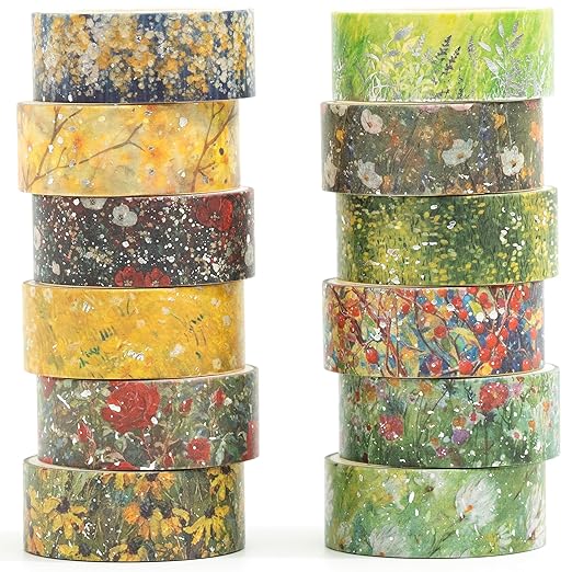 12 Rolls Flowers Washi Tape Set Floral Arts Adhesive Tapes Splast Silver Decorative Masking Tape Sets for Craft, Kids, Scrapbook, DIY, Gift Wrapping (Verdant Glow)