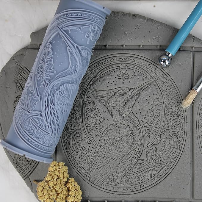 Woodpecker Clay Texture Roller (4") - Bird Set #02 - Embossing Pattern Roller for Polymer & Ceramic Clay, Pottery & Crafts