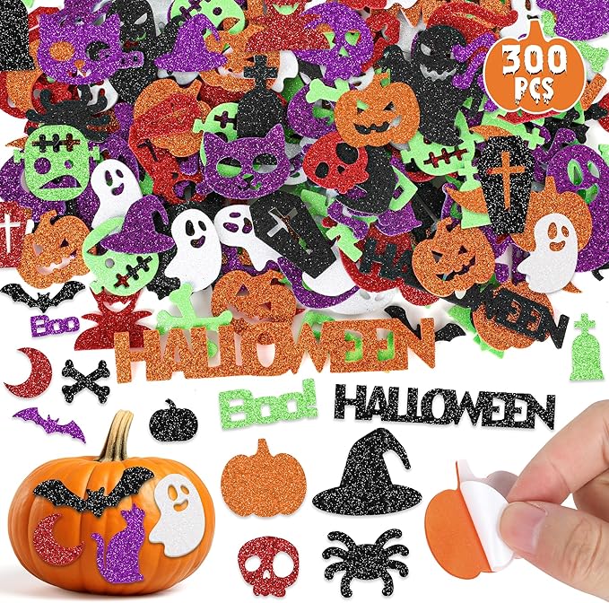 300Pcs Halloween Stickers, Self-Adhesive Glitter Halloween Foam Stickers, Assorted Shape Pumpkin Spider Bat Sticker, Halloween Party Favors Bulk for DIY Crafts Home Decorations