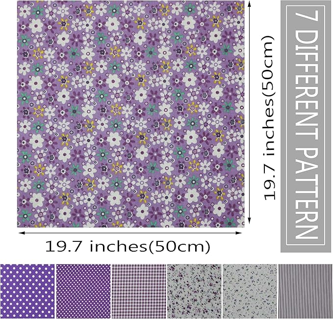 7PCS Purple Series Floral Cotton Fabric Quilting Patchwork Fat Quarter Bundles for Scrapbooking, Sewing, DIY Crafts, Handmade Bags, Pillows - 19.7x19.7 Inches