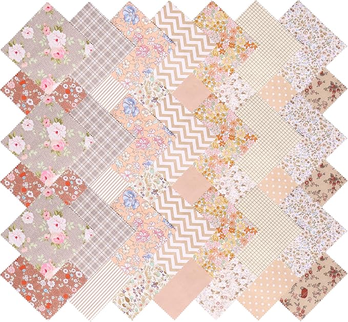 Hanjunzhao 42Pcs 10" Layer Cake Fabric - Vintage Brown Print Cotton Fabric Squares 10x10, Layer Cakes 10 inch Squares for Quilting, Sewing, Quilts, Bags, and Crafts - Light Coffee