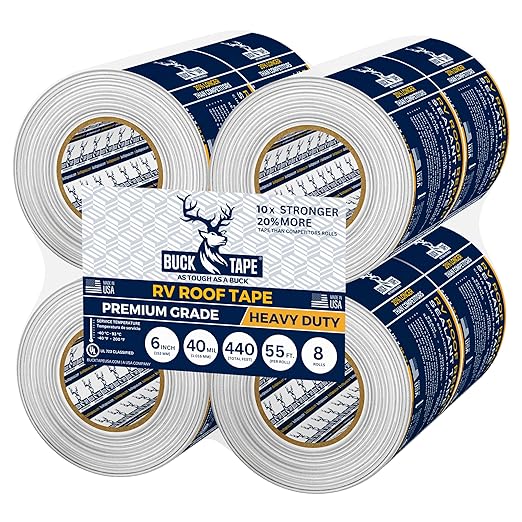 8 Pack Buck RV Roof Sealant Tape – 6 Inch x 55ft, 40 Mil – Waterproof RV Tape for Roof Repair, Seams, Skylights, Vents & Window Leaks on Camper, Trailer & Boat, UV Resistant & Weatherproof, White