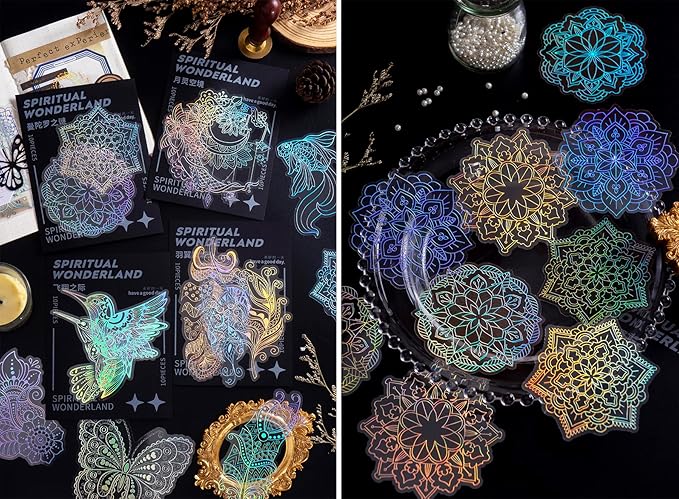 ARTSMONA 80 Pieces Large Size Holographic Stickers, Glitter Shiny Iridescent Transparent Resin Sticker Decals for Scrapbook Junk Journal Bullet Journals Planners Laptops Water Bottles Paper Crafts