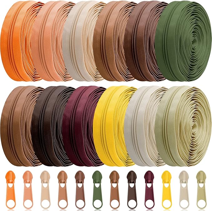 Syhood 36 Yards 12 Pieces #5 Sewing Zippers Tapes Assorted Nylon Lightweight with 120 Plastic Zipper Sliders for Women Men Sewing Supplies(Autumn Color)
