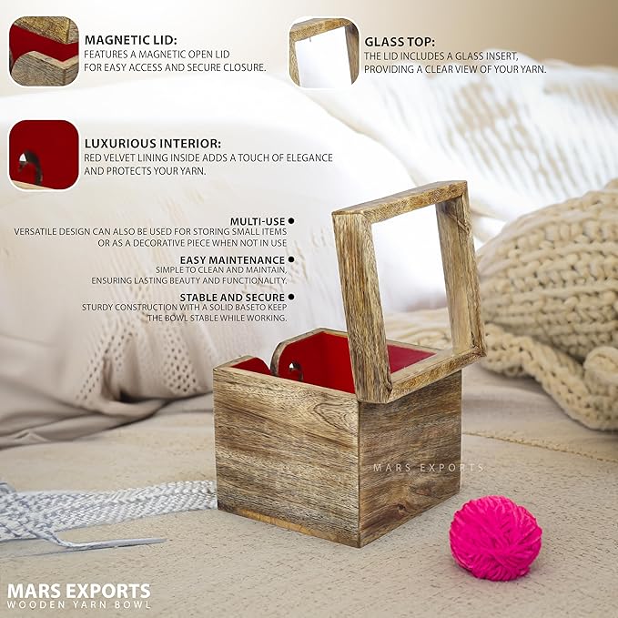 Wooden Yarn Bowl, Square Shape Yarn Ball Holder, Craft Knitting Bowl, Yarn Bowl Holder for Crocheting and Knitting, , Yarn/Wool/String Storage Accessory (Single Ball Holder (6x6x6)