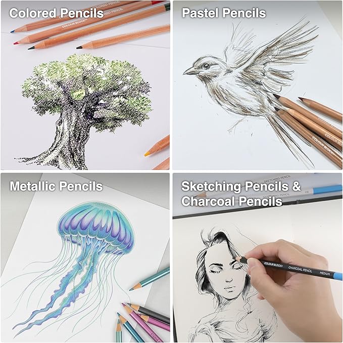 COLOUR BLOCK 91-Piece Sketching & Drawing Art Set with Colored, Metallic, Charcoal, Pastel Pencils, Soft Pastels, Charcoal & Graphite Sticks, Sketchbook, Tools — Travel-Friendly Case for Teens, Adults