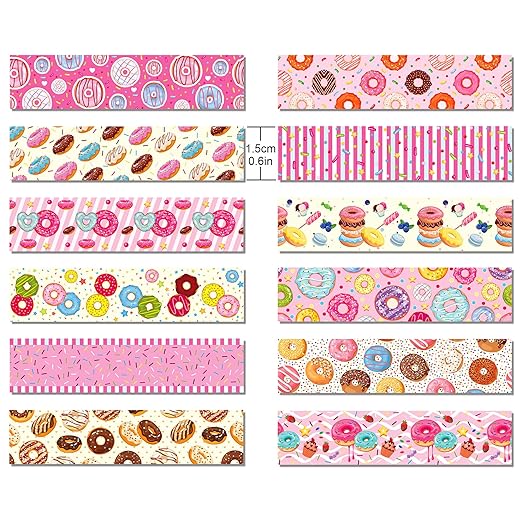Donut Washi Tape Set 12 Rolls, Candy Cake Themed DIY Decorative Tape for Scrapbook Decorating, Art Journaling Accessories and Craft Projects