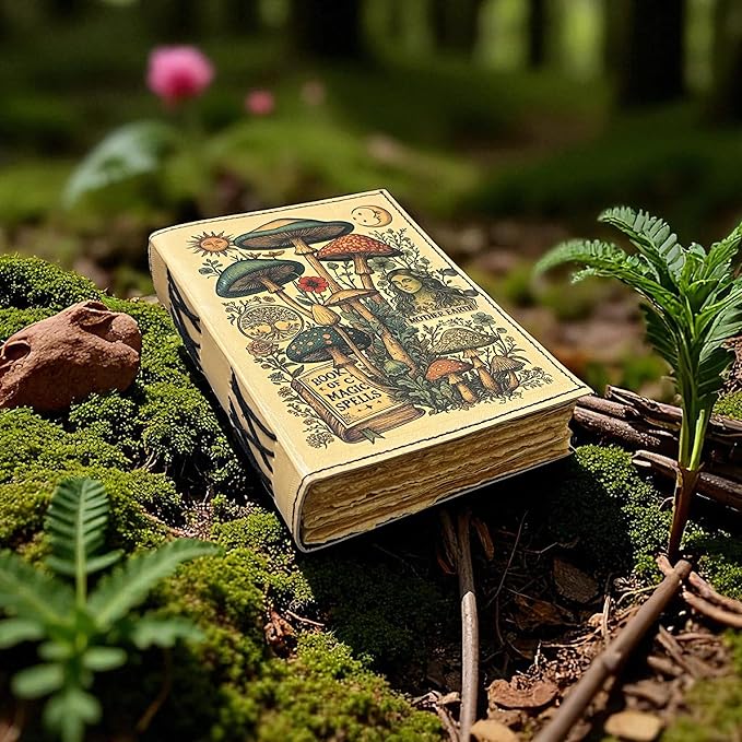 Blank Spell Book of Shadows Magic Spells Leather Journal – Vintage Botanical Mushrooms & Celestial Sun Moon Print Diary