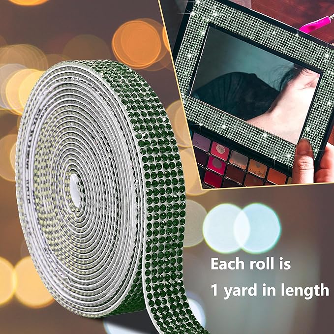 4 Rolls Self Adhesive Crystal Rhinestone Ribbon Diamond Bling Tape with 2 mm Sticker Strips for Arts Crafts Wedding Birthday Party DIY Car Phone Decoration (Dark Green)