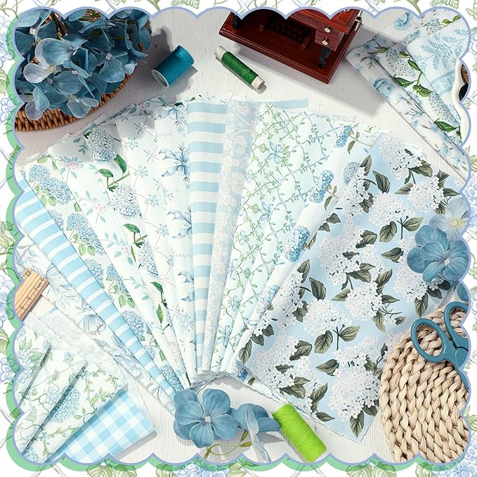 20 Pcs 10''x10'' Hydrangea Quilting Fabric Square Bundle Watercolor Dusty Blue Floral Precuts Quiltted Fabric Printed Patchwork Material Supplies for Holiday Patchwork DIY Sewing Crafts