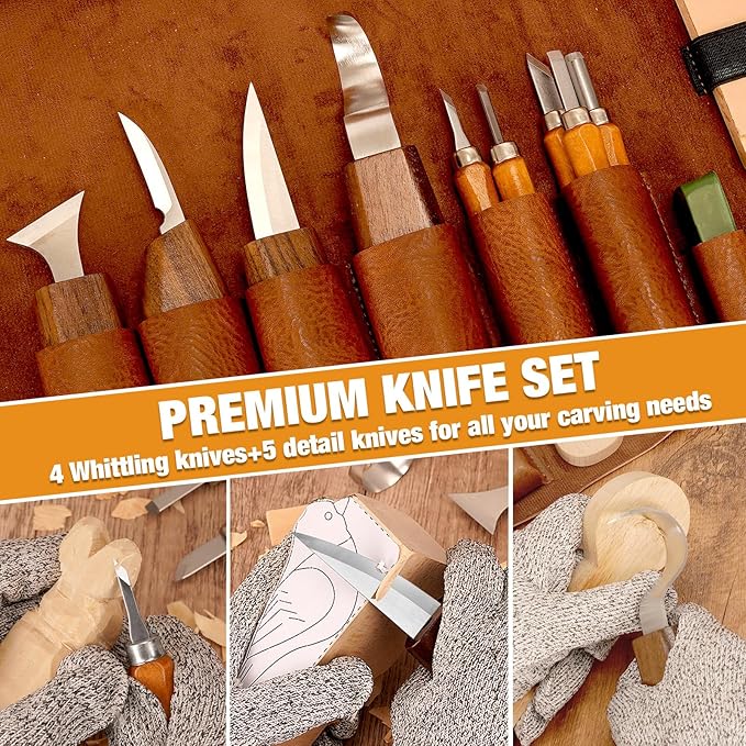 Wood Carving Kit, 24Pcs Wood Carving Tools with Storage Bag, Wood Whittling Knife Kit with 4pcs Templates & 6pcs Basswood Blocks for DIY Beginners