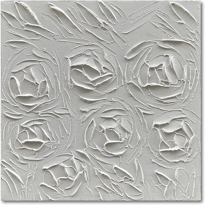 Art Hand-Painted Abstract Three-Dimensional Textured Art Oil Painting of White Roses, 24x24 inches. Modern Minimalist Style Art. Suitable for Wall Decoration in Home Offices
