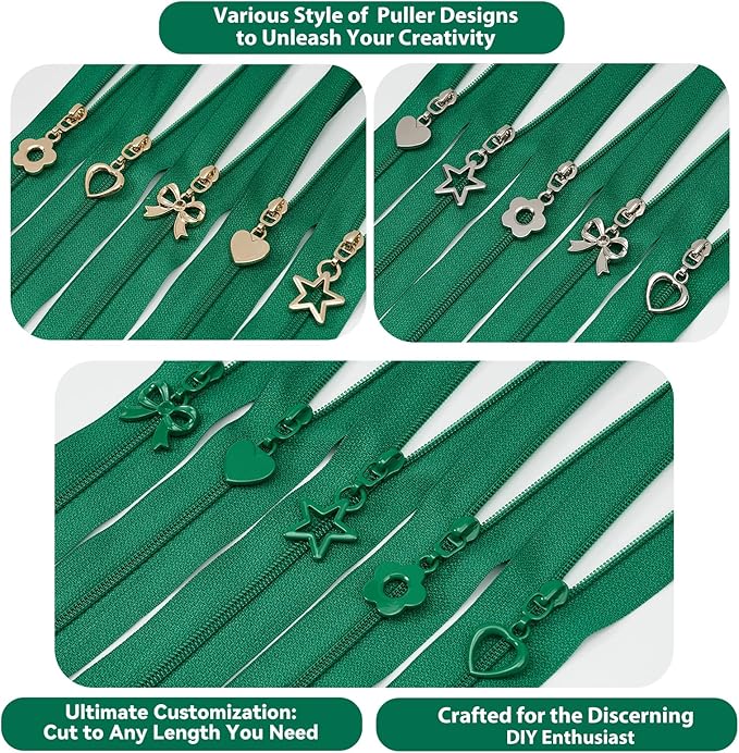 Mylbeter #3 Nylon Coil Zippers by The Yards Green Bulk Zippers 10 Yards with 40PCS Sliders Continuous Zipper Tape for DIY Bag Clothing Sewing Crafts Gold Pull Sliver Slider Zipper for Bags and Purses