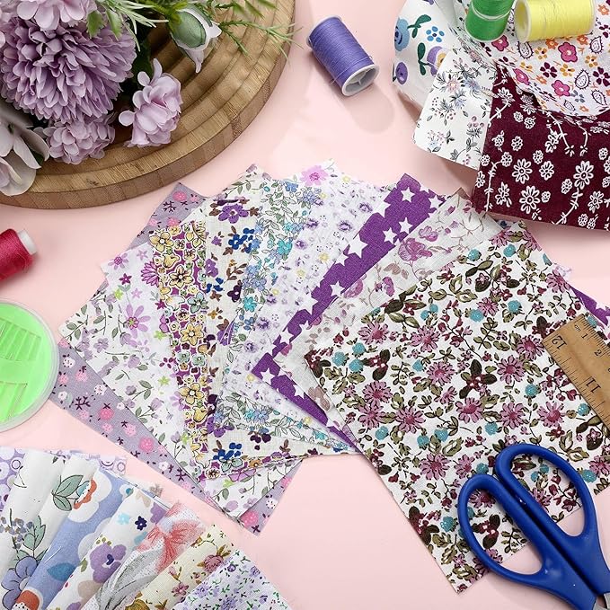 Kinlop 600 Pcs 4 x 4 Inch Cotton Fabric Square Precut Quilting Squares Printed Floral Patchwork Fabric Bundles for DIY Craft Sewing Clothing Accessory(Purple)