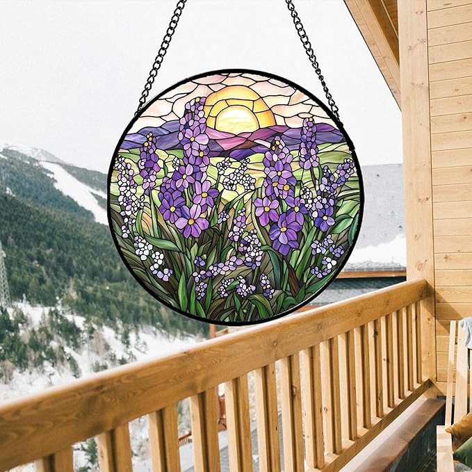 Stained Glass Window Hanging - Purple Lavender Suncatcher for Door Terrace Garden Home Decor Plant Flowers Landscape Sun Catcher Birthday Gifts for Lovers Women Men Dad Mom Nana 7.8 in