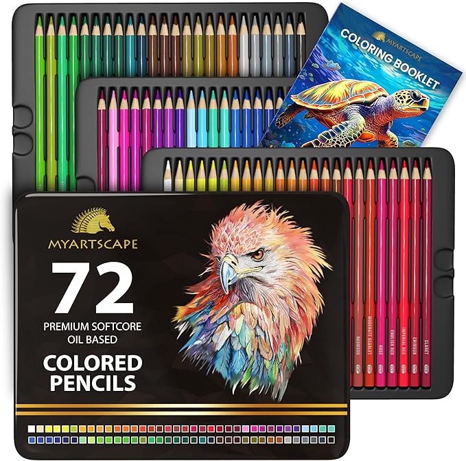 MyArtscape Oil Based Colored Pencils Set, 72 pcs Premium Color Pencils, Vibrant Colors, Break-Resistant Core, Art Kit with Adult Coloring Book
