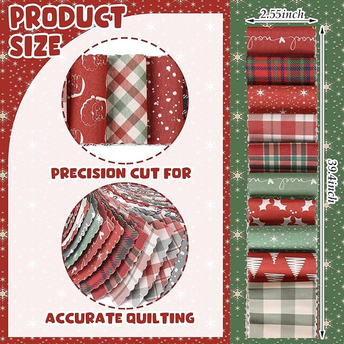 40 Pcs Vintage Plaid Christmas Quilting Fabric Roll 2.56 Inch Precut Fabric Squares Jelly Patchwork Red and Green Checked Strips Materials for Winter Xmas Holiday Craft Sewing Panels DIY