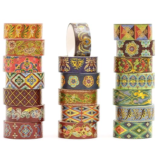 20 Rolls Chinese Style Washi Tape Set, Ancient Palace Pattern Decorative Masking Tapes with Gold Foil, Oriental for Craft, Scrapbook, DIY, Gift Wrapping (11-Crimson Palace Elegance)