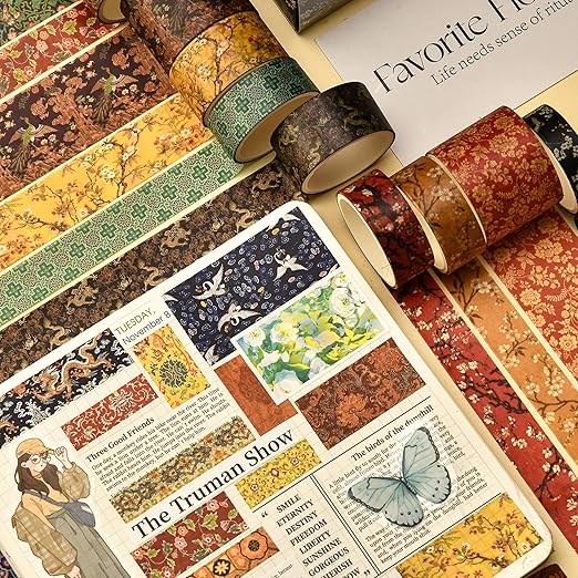 12 Rolls Chinoiserie Washi Tape Set Chinese Arts Adhesive Tapes Geometric Garden Decorative Masking Tape Sets for Craft, Kids, Scrapbook, DIY, Gift Wrapping (Prelude to a Night)