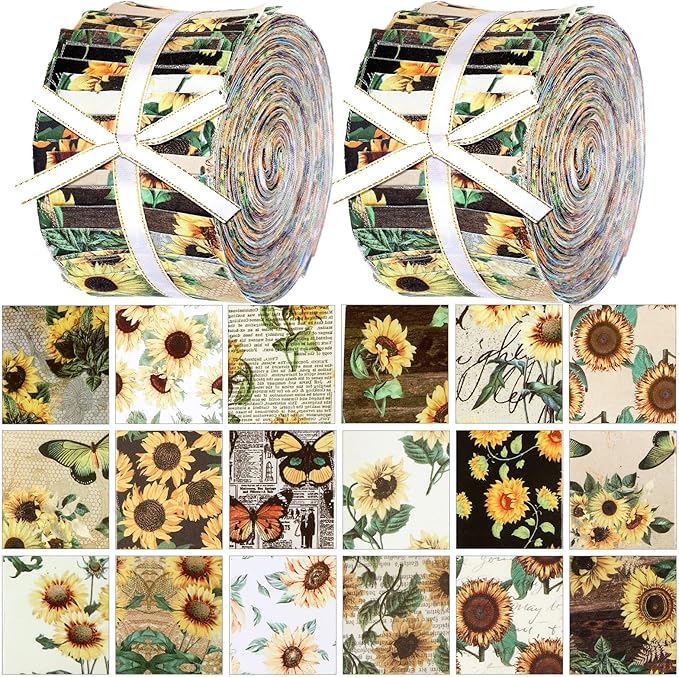 Ganeen 100 Pcs Sunflower Quilting Fabric Roll 2. 56 Inch Fabric Squares Jelly Patchwork Precut Strips Bundles for Holiday Materials Craft DIY Sewing Cloths