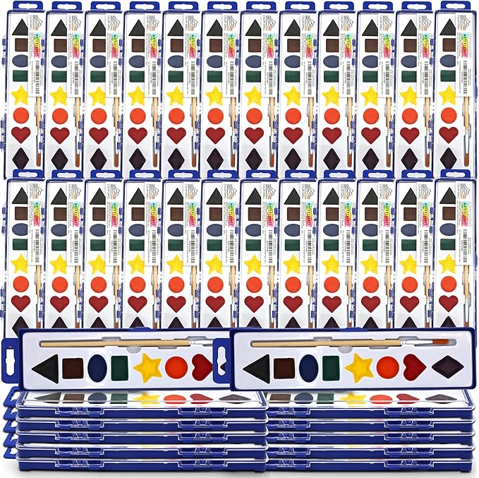 Color Swell Bulk Watercolor Paint Set – 36-Pack with 8 Washable Colors & Shape Learning Tools – Includes Strong Wood Brushes for Kids