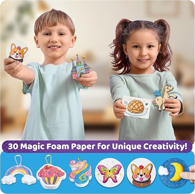 70PCS Magic Foam Texture Painting Kit, Magic Puffy Paint Kit with 30 Foam Texture Paper, 24 Colors Acrylic Paint Markers, Hole Punch Mini Display Stand, 3D Painting Craft Gift for Birthday, Christmas