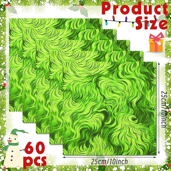 Oudain 60 Pcs 10 x 10 Inch Lime Green Faux Fur Quilting Fabric Squares Christmas Fat Patchwork Precut Strips Lime Green Fabric Bundles for Halloween DIY Craft Sewing Handmade Materials