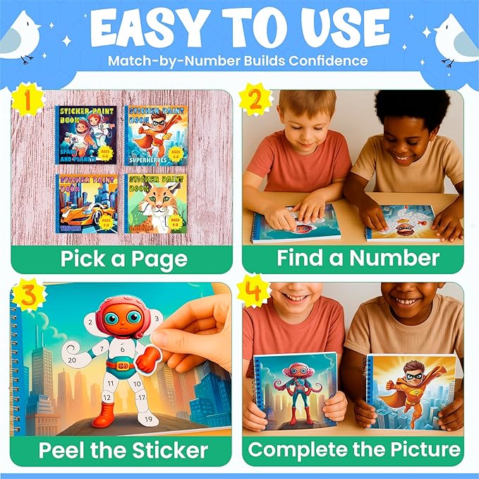BulbaCraft 4Pcs Sticker Paint Books - Sticker Books by Number with Superheroes, Trucks, Animals and Space - Coloring Activity