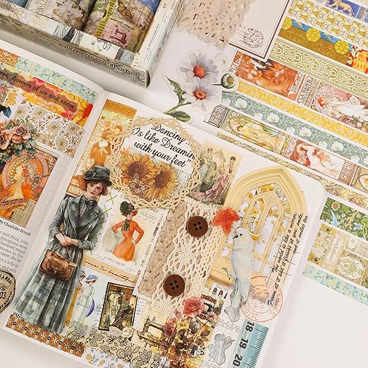 Vintage Washi Tape Set - 24 Rolls Arts Adhesive Tapes Assorted Retro Decorative Masking Tape Sets for Craft, Kids, Scrapbook, DIY, Gift Wrapping (2-Vintage Journey)