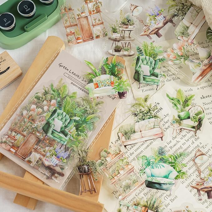 Yoksas 180Pcs Nature Green Potted Plants Stickers - Waterproof Aesthetic Botanical Scrapbook Craft Decorative Stickers for Junk Bullet Journals, Planners, Collage Album