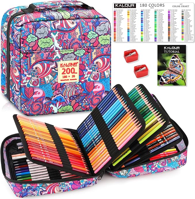 200 PCS Colored Pencils Set for Adult Coloring Books with Tutorial & Color Chart, 180 Artists Colored Pencils, 12 Watercolor Pencils, Art Supplies Gift, Portable Zipper Case