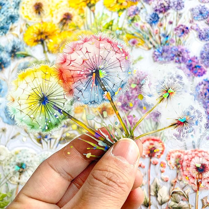 60-Piece Holographic Dandelion Scrapbook Stickers – Colorful Iridescent Effect Decorative Floral Botanical Stickers for Journaling, Art Projects, Card Making, Planners, Gift Wrapping
