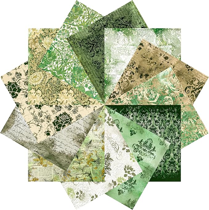 Vintage Green Scrapbook Paper - 12 Sheets Single-Sided Decorative Craft Paper for DIY Journals, Card Making, Collage, Mixed Media, Scrapbooking Supplies - 6x6 Inch