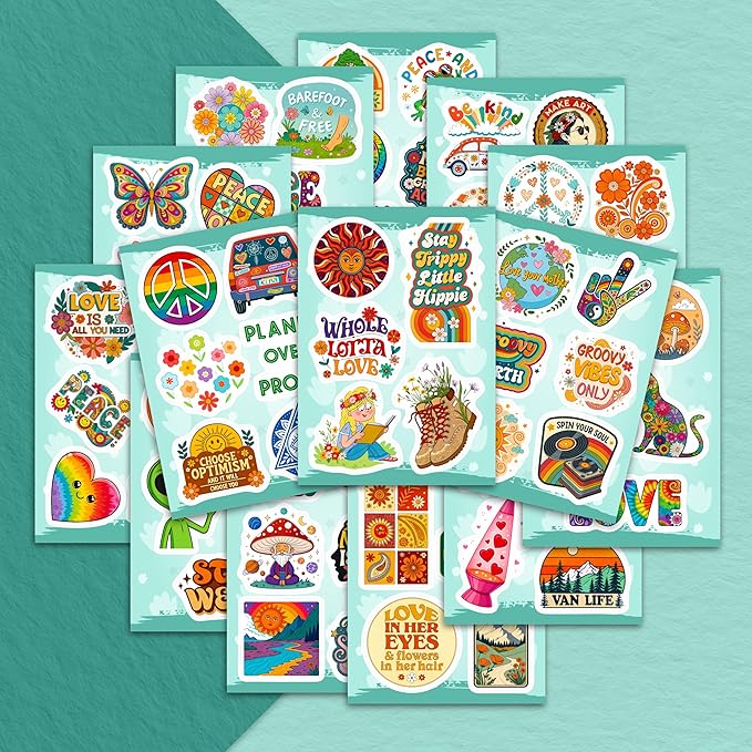 100Pcs Hippie Stickers for Phones, Water Bottles, Groovy Stickers Bulk for Laptop, for Water Bottle - Hippie Gifts, Party Supplies & Decoration - Gift for Women & Men
