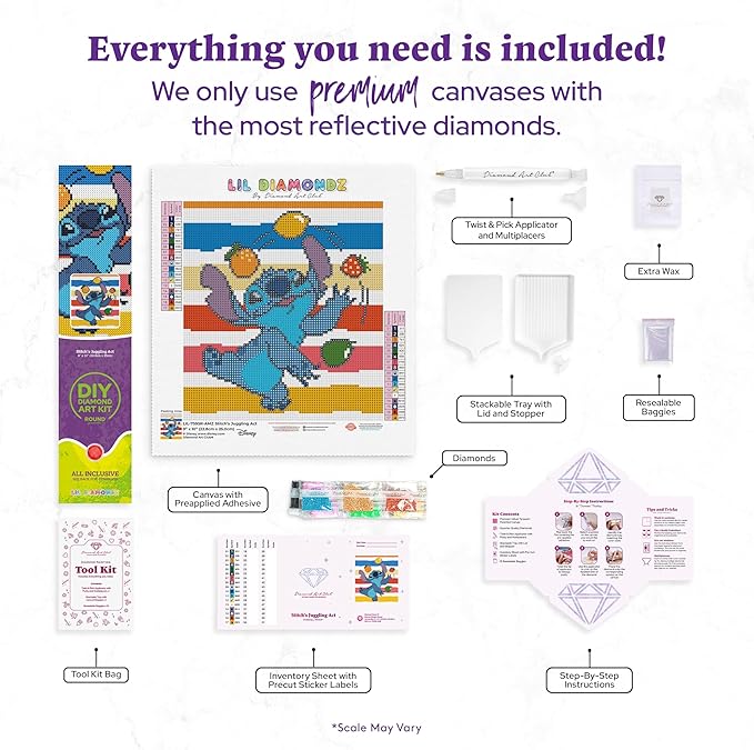 DIAMOND ART CLUB Stitch's Juggling Act Diamond Painting Kit, Fun DIY Crafts for Adults, Round Diamond Art Canvas, 9" x 10"