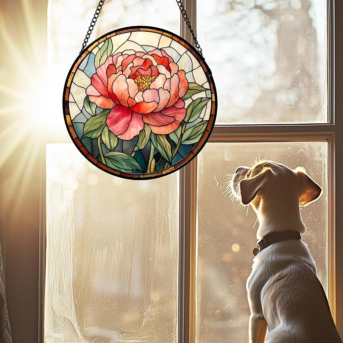Stained Glass Window Hanging - Pink Peony Floral Suncatcher for Door Garden Yard Birth Flower Sun Catchers Decor Christmas Mother's Day Birthday Gifts for Women Mom Nana Wife Teacher 15 in