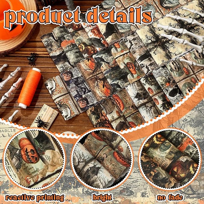 Ganeen 100 Pcs Gothic Christmas Fabric Vintage Halloween Quilting Fabric Roll 2.56 Inch Skull Ghost Jelly Squares Pumpkin Black Cat Patchwork Precut Strips Bundles for Sewing Materials Craft DIY