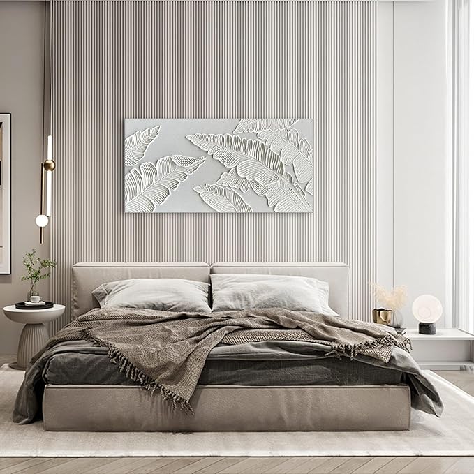 NANKAI Art Hand Painted Thick Texture White Abstract Art Oil Painting 48x24 inch White Leaf Texture Painter House Wall Art Decorative Oil Painting