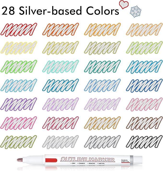 Shuttle Art Double Line Outline Permanent Markers, 28 Colors Squiggles Shimmer Markers Set, Self Outline Metallic Marker Pens for Art, Drawing, Doodling, Card Making, Christmas Card, DIY Crafts